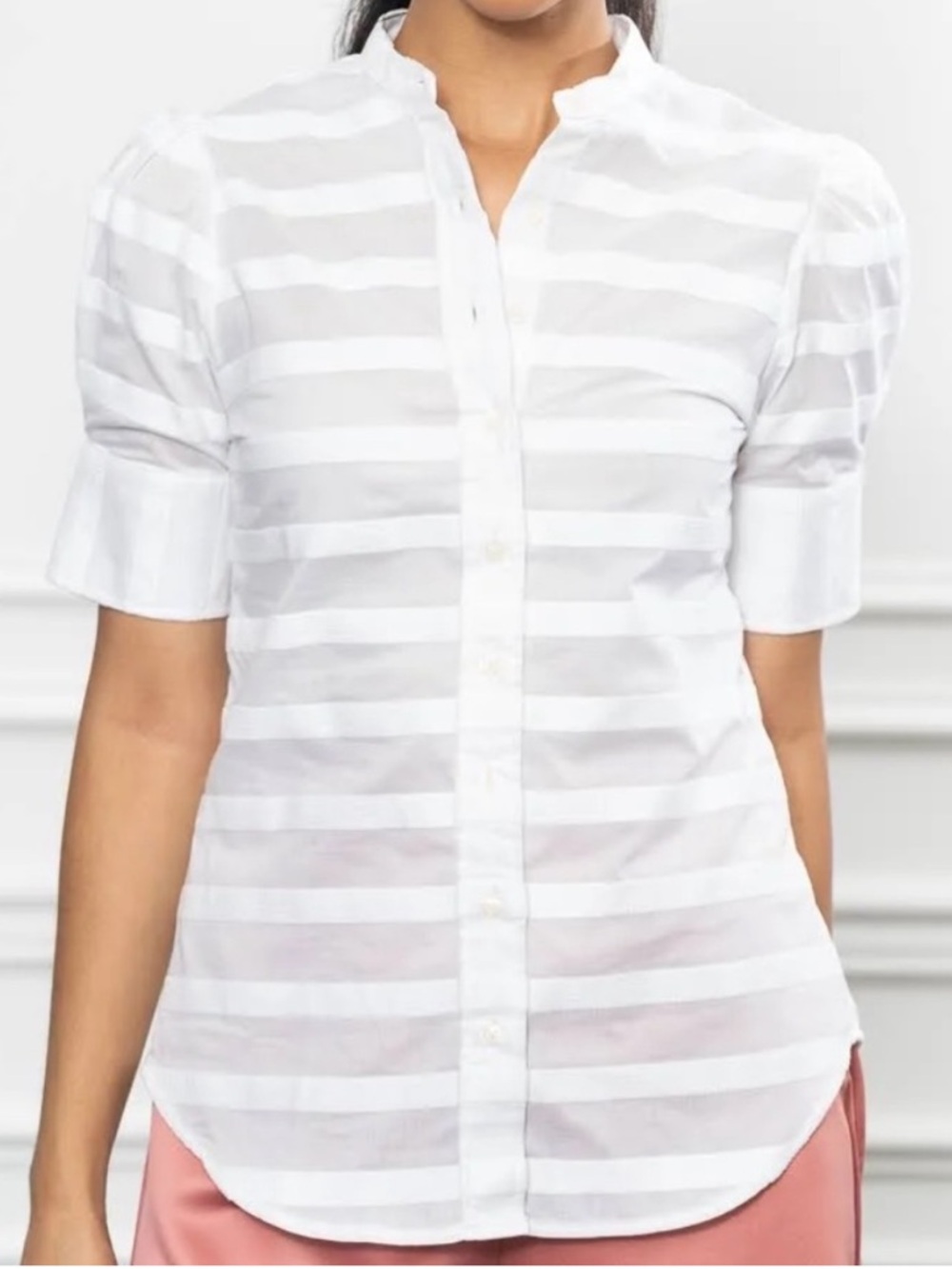 The Shirt by Rochelle Behrens White Striped Puff Sleeve Blouse Size Small